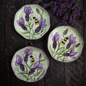 Hand Painted Lavender and Bee Ceramic Plate Botanical Dinnerware Floral Pottery Bee Lover Gift Garden Lover Kitchen Decor
