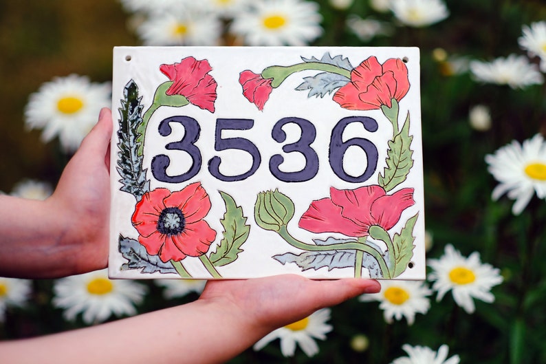 Custom Floral Address Plaque With Poppies Handmade Ceramic House Number ...