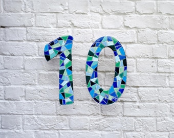 Blue Ceramic House Numbers, Turquoise Mosaic Address Tiles, Coastal Outdoor Numbers