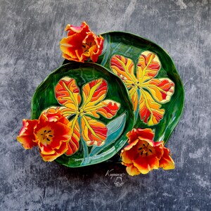 Hand Painted Tulip Ceramic Plate Hand Painted  Floral Dinnerware Bright Green Background Unique Serving Dish Kitchen Gift