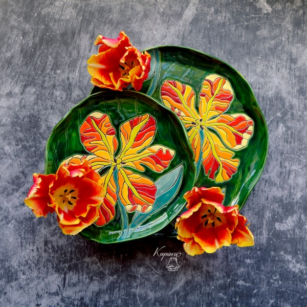 Ceramic platter with tulips, round & oval pottery trays, clay charcuterie plates, Parrot tulip table decor