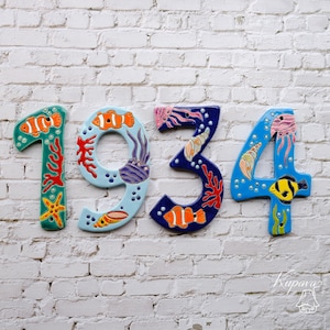 Custom house  numbers tile with tropical fish, coastal  address sign, beach house wall art