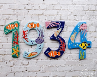 Custom house  numbers tile with tropical fish, coastal  address sign, beach house wall art