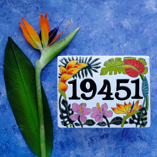 Personalized address plaque with tropical flowers and palm leaves, rainforest Hawaii house numbers, aloha flower door sign