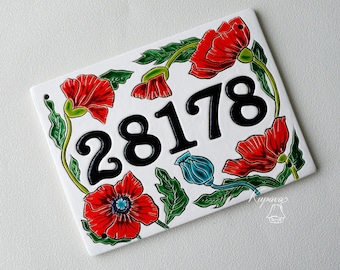 Custom Floral Address Plaque with Poppies Handmade Ceramic House Number Sign, Garden Style Door Tile
