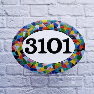 Custom mosaic front door sign, ceramics house number and letter,  oval round address plaque, mosaic tile