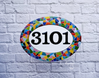 Custom mosaic front door sign, ceramics house number and letter,  oval round address plaque, mosaic tile