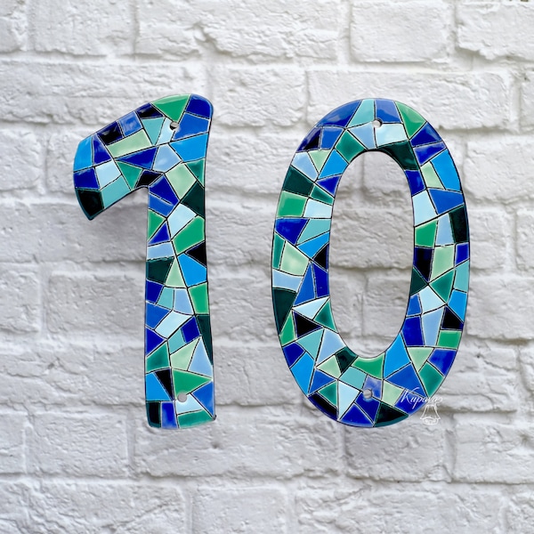 Custom ceramic numbers tile wall hanging, blue mosaic tiles wall decor, house numbers, beach home number, mosaic art, coastal living sign