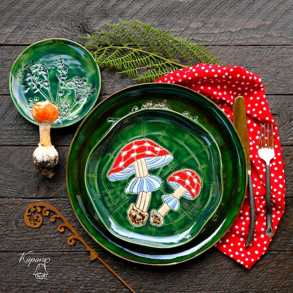 Mushrooms ceramic platters with fly agaric design, mushroom lovers,  fungi gifts, dinner serving plates, snacks  tray