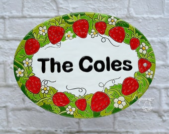 Strawberries ceramic house sign, oval address plaque, red berries wall decor, front door tile