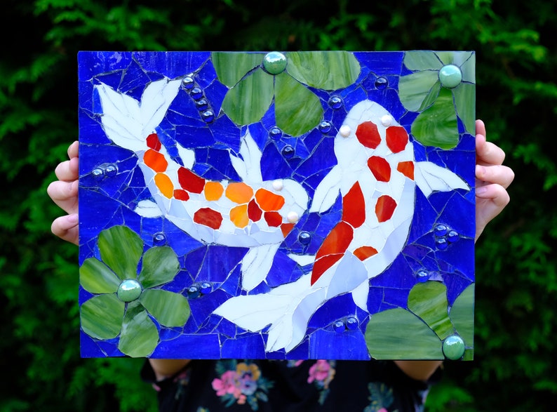 Tropical Fish Art Stained Glass Mosaic Oceanic Illustration Hanging Wall Decor Housewarming Gift Aquatic Painting Glass Art Carp Koi - 