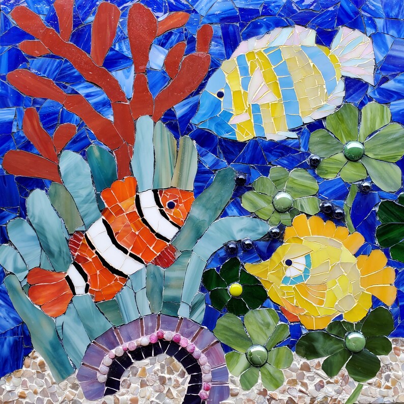 Tropical fish art nautical wall decor sea mosaic clownfish Etsy