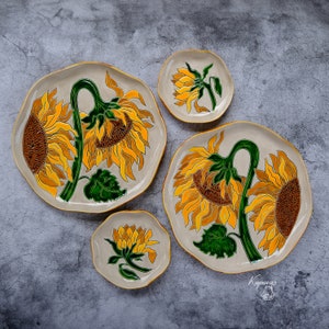 Handmade ceramic plate with hand painted sunflower design, sunflower decor, yellow flower platter, perfect gift for sunflower lovers