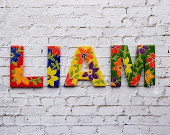 Hand painted ceramic custom name letters with flower ornament, floral initials, birthday wall decor, personalized word sign, alphabet art