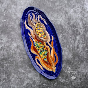 Ceramic plate with corn design, cheese platter, pottery tray for snacks, clay charcuterie plate, blue ceramics