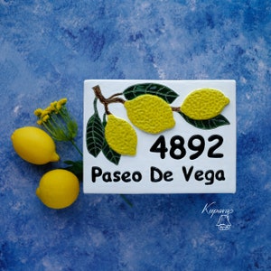 Personalized house address plaque with lemons, lemon front door tile, farmhouse rectangular number sign, outdoor ceramic fruit decor