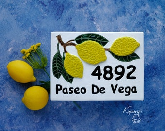 Custom Lemon Address Plaque  Ceramic House Numbers, Hand Painted Outdoor Door Sign