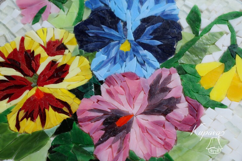 Pansies wall art stained glass mosaic Delicate floral home Etsy