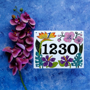 Personalized address plaque with tropical flowers and palm leaves, orchid decor, rainforest Hawaii house numbers, aloha flower door sign