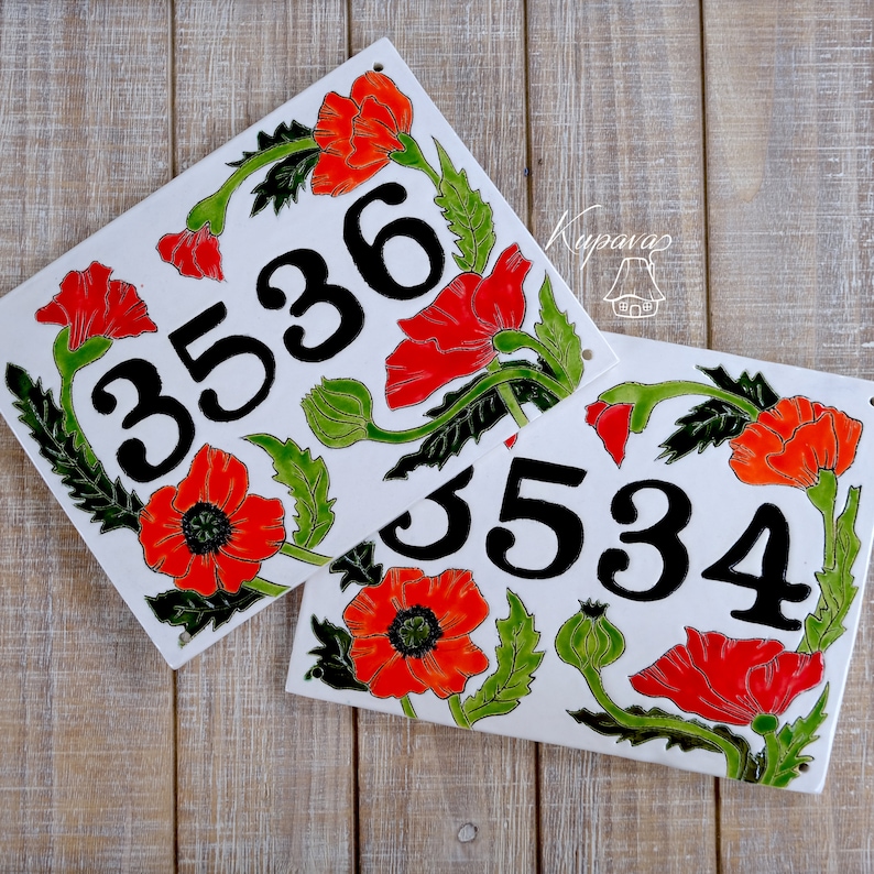 Custom Floral House Number Tile With Red Poppies, Address Door Plaque ...