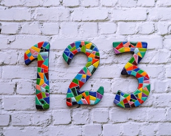 Custom Ceramic House Numbers, Multicolor Mosaic Tile Address Numbers, 6–8 Inch