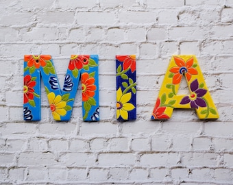 Ceramic flower custom letters, floral alphabet wall hanging, name sign, family ornament, personalized gift, talavera tile