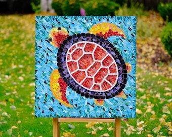 Sea turtle mosaic art, ocean marine wall art, stained glass mosaic, coastal wall decor, beach house wall hangings