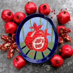 Granatapfel Keramikteller Herbsternte Geschenk Urlaub Tisch Rote Früchte Design, Servierteller, Judäische Keramikplatte, Einzigartiges Geschirr
