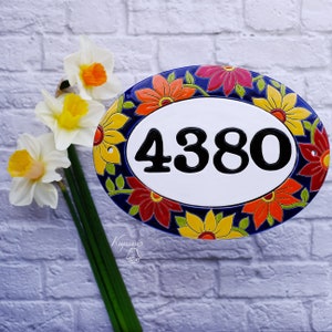 Ceramic house number with flowers, personalized address plaque, oval floral door sign