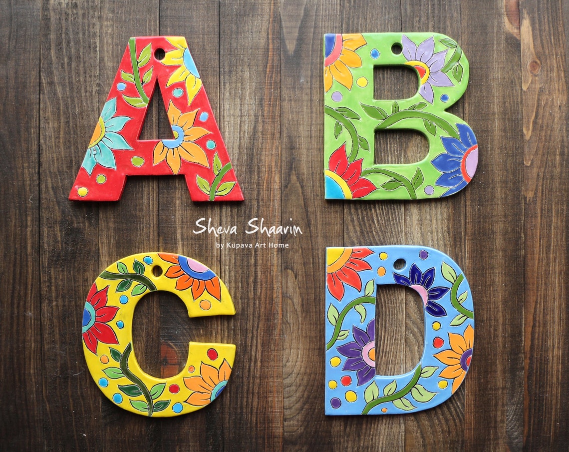 Hand Painted Ceramic Custom Name Letters With Flower Ornament Etsy
