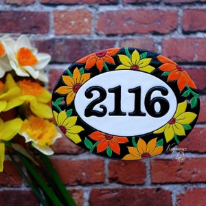 Ceramic house number tile with flowers, personalized address plaque, oval floral door sign