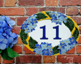 Personalized cottage signs, hydrangea wall decor, ceramic house number tile with blue flowers, oval floral door sign