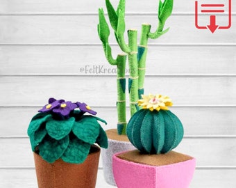 Felt Potted Plant Pattern Set Felt Tutorial - Felt Pattern African Violet Cactus Lucky Bamboo PDF Sewing Pattern Tutorial (Instant Download)