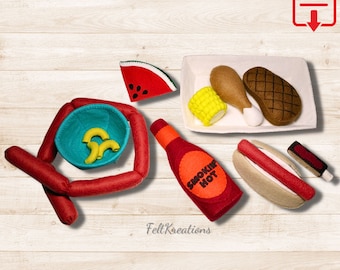 Felt Barbecue Grill Food Pattern - Steak Drumstick Sausage Rib Hotdog Felt Play Food Tutorials PDF Felt Sewing Pattern (Instant Download)