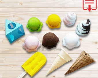Felt Ice Cream Pattern Set Felt Food Patterns and Tutorials - Ice Cream Cone Popsicle Soft Serve PDF Felt Sewing Pattern (Instant Download)
