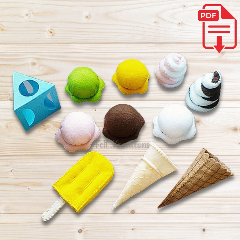 Felt Ice Cream Pattern Set Felt Food Patterns and Tutorials - Ice Cream Cone Popsicle Soft Serve PDF Felt Sewing Pattern (Instant Download) Active