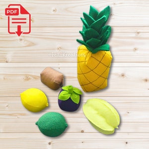 Felt Tropical Fruits Pattern Pineapple Kiwi Lemon Mangosteen Starfruit Felt Play Food Tutorial PDF Felt Sewing Patterns (Instant Download)