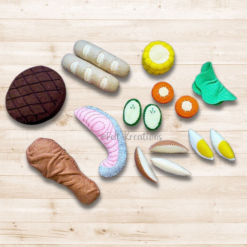 Felt western food pattern chicken leg steak salmon sausages potato wedges corn cob felt pretend play food felt sewing patterns tutorial