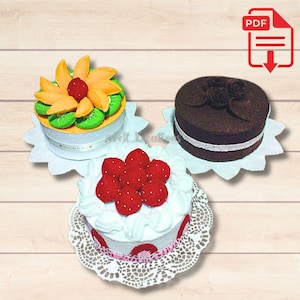 Felt Whole Cakes Patterns - Chocolate Strawberry Mango Birthday Gift Felt Cake Pattern Tutorial PDF Felt Sewing Patterns (Instant Download)