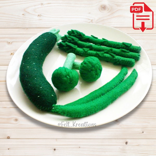 Felt Vegetable Pattern Set III - Zucchini Asparagus Broccoli Long Bean Felt Food Pattern Tutorial - PDF Sewing Patterns (Instant Download)