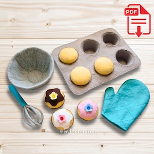 Felt Bake Cupcakes Pattern Set - Felt Cupcake Baking Tray Whisk Mitten - Felt Food Pattern Tutorials PDF Sewing Patterns (Instant Download)