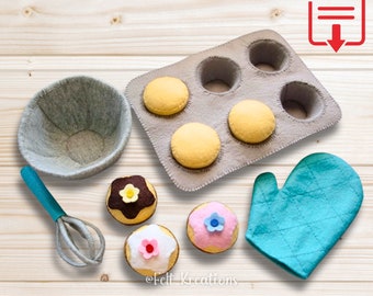 Felt Bake Cupcakes Pattern Set - Felt Cupcake Baking Tray Whisk Mitten - Felt Food Pattern Tutorials PDF Sewing Patterns (Instant Download)