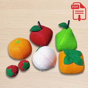 Felt Fruits Pattern DIY Felt Play Food Apple Orange Pear Persimmon Peach Strawberry Felt Tutorial PDF Felt Sewing Pattern (Instant Download)