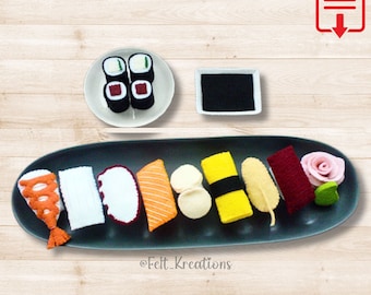 Felt Japanese Sushi Set Felt Food Patterns Tutorials Salmon Tuna Scallop Shrimp Egg Rice Wasabi Leaf PDF Sewing Patterns (Instant Download)