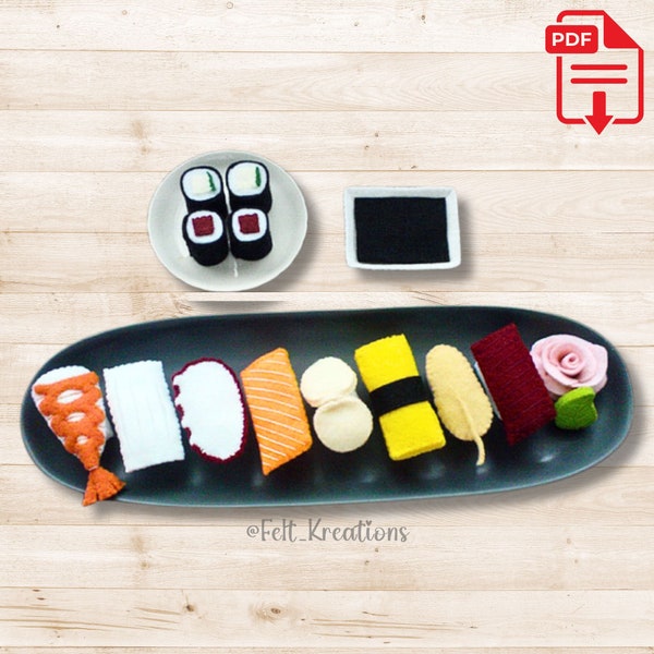 Felt Japanese Sushi Set Felt Food Patterns Tutorials Salmon Tuna Scallop Shrimp Egg Rice Wasabi Leaf PDF Sewing Patterns (Instant Download)