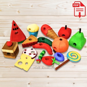 Zestaw wzorów z filcu Hungry Caterpillar - filcowa babeczka, ciasto owocowe, ser, salami - samouczek dotyczący wzoru do szycia w formacie PDF (natychmiastowe pobranie)