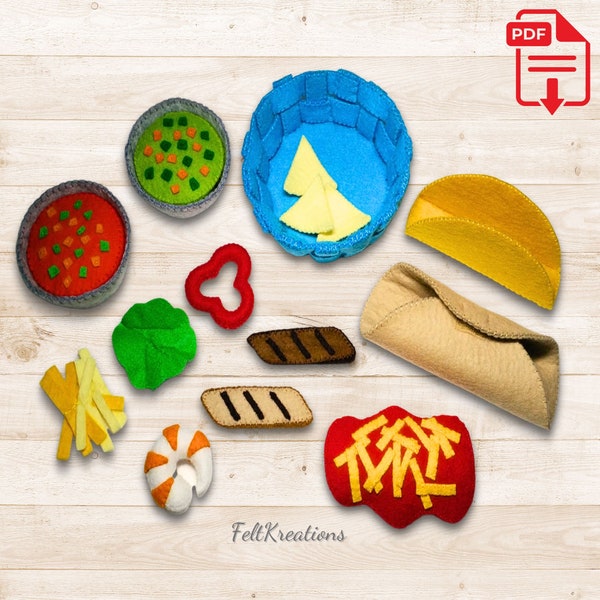 Felt Mexican Food Pattern - Taco Burrito Quesadilla Guacamole Salsa Felt Food Pattern Template PDF Felt Sewing Pattern (Instant Download)