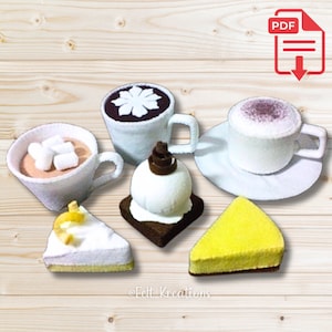 Zestaw wzorów Felt Cafe Barista Coffee Tea Brownie Cheesecake Pie - DIY Felt Food Pattern and Tutorial PDF Wzory do szycia (natychmiastowe pobranie)
