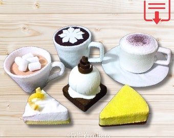 Felt Cafe Barista Patterns Set Coffee Tea Brownie Cheesecake Pie - DIY Felt Food Pattern and Tutorial PDF Sewing Patterns (Instant Download)