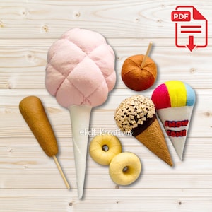 May include: Felt craft patterns for making a variety of carnival treats, including a pink cotton candy, a brown corn dog, a chocolate ice cream cone, a red, yellow, and blue snow cone, and two yellow donuts.
